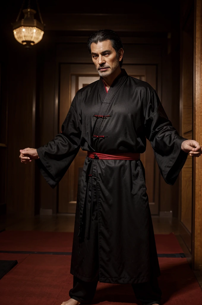 He wore a black and red robe and had tai chi. ,Sect master ,Dark theme , Coldly handsome , Living in a palace like a eunuch 