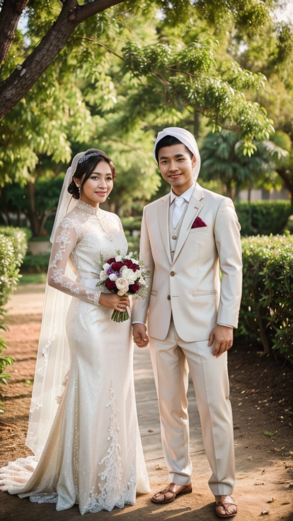 Realistic of filipino couple wedding and wearing a wedding ,hijab costume the background is dessert and tree.