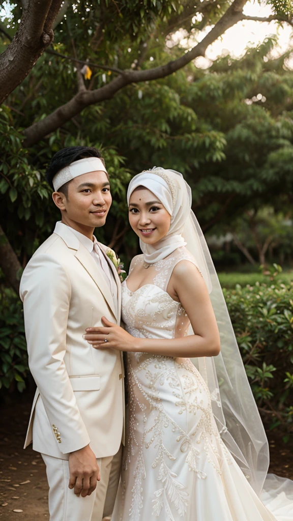 Realistic of filipino couple wedding and wearing a wedding ,hijab costume the background is dessert and tree.