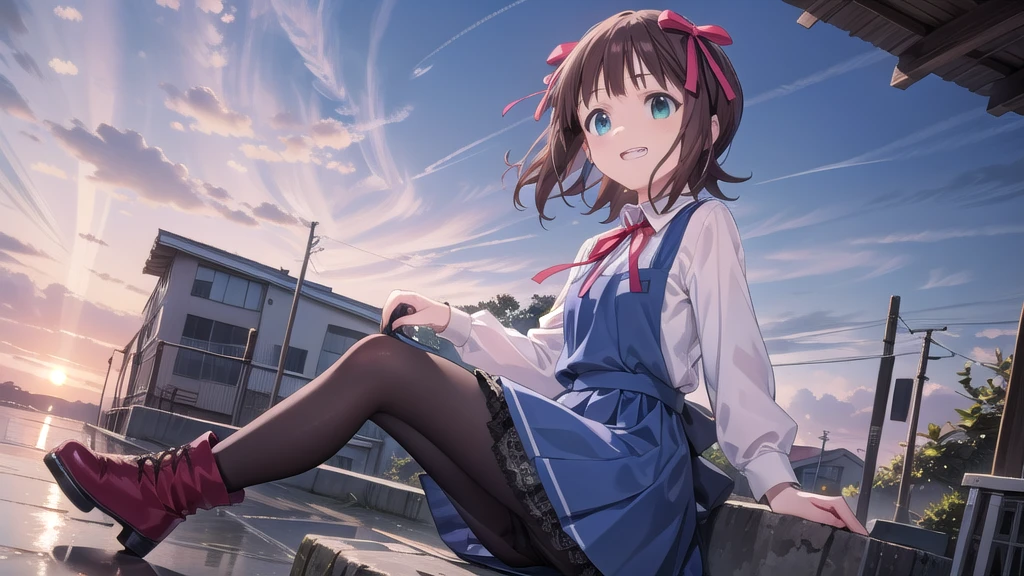 CG, Unity, 8K, wallpaper, Highest quality, masterpiece,, Perfect in every detail))),alone,1人of女of子,Amami Haruka,red ribbons,View your viewers,smile,Happy,
Day,null,cumulus clouds,in spring,High resolution,colorful,Volumetric lighting,
depth_of_Field,alone_concentrated,depth of Field,Front view,whole body,
,skinny,thin,thin,(expensive:1.1),
,(blue dress),School_uniform,length_sleeve,shirt,dress,white_shirt,襟ed_shirt,head_ribbon,apron_dress,Best,(Lace-up_boots:1.1),(black_pantyhose:1.4),Panty lines,
Outdoor,Beach,
(Skin Dentition:1.4)