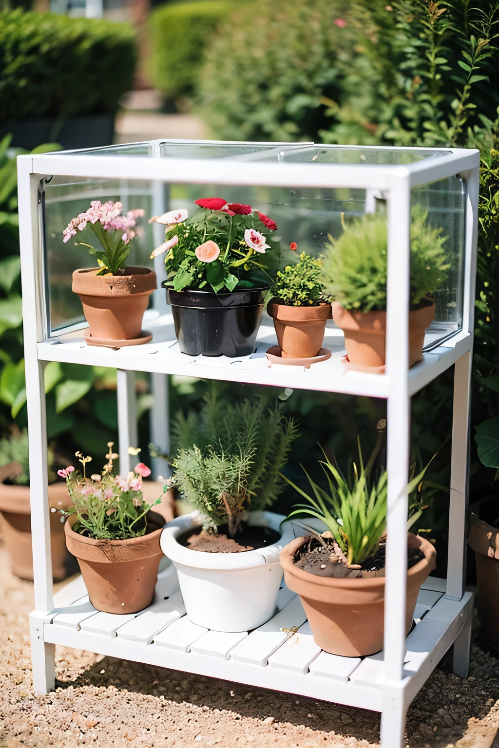 Flower pots in a mini glass greenhouse
