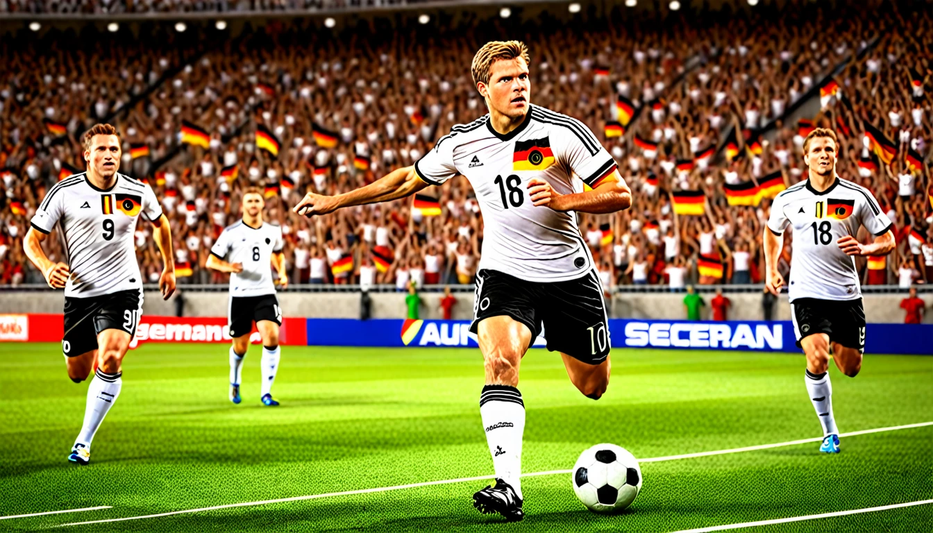 high quality, hyperdetailed, 3d, dynamic, dramatic lighting, highly detailed, photorealistic, 1 german male soccer team, soccer players, athletes, football, soccer, team, sports, sports uniforms, soccer jerseys, cleats, soccer ball, soccer field, stadium, crowds, cheering fans, flags, banners, action pose, muscular figures, sweat, motion blur, depth of field, germnan flag on jersey