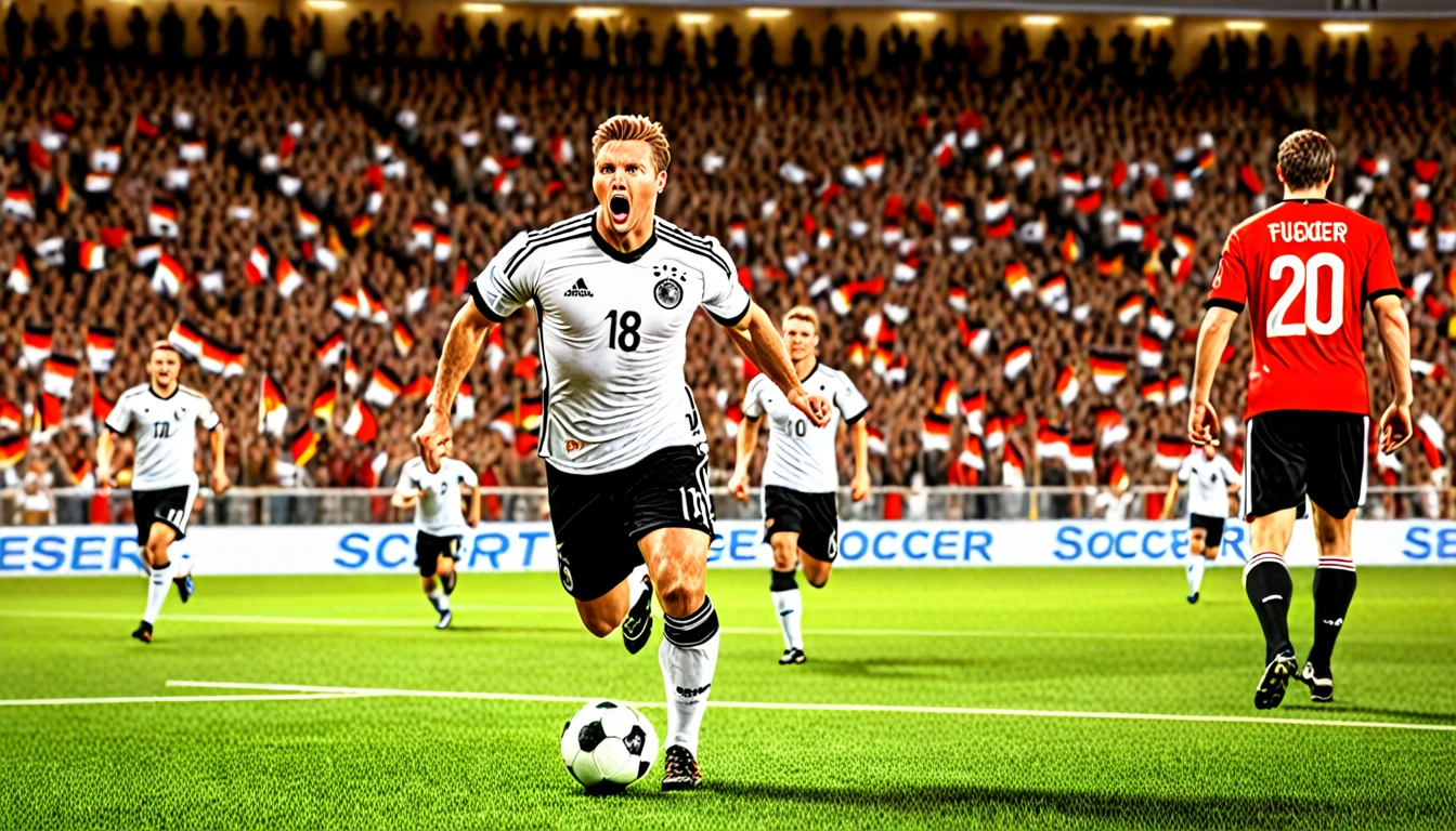 high quality, hyperdetailed, 3d, dynamic, dramatic lighting, highly detailed, photorealistic, 1 german male soccer team, soccer players, athletes, football, soccer, team, sports, sports uniforms, soccer jerseys, cleats, soccer ball, soccer field, stadium, crowds, cheering fans, flags, banners, action pose, muscular figures, sweat, motion blur, depth of field, germnan flag on jersey