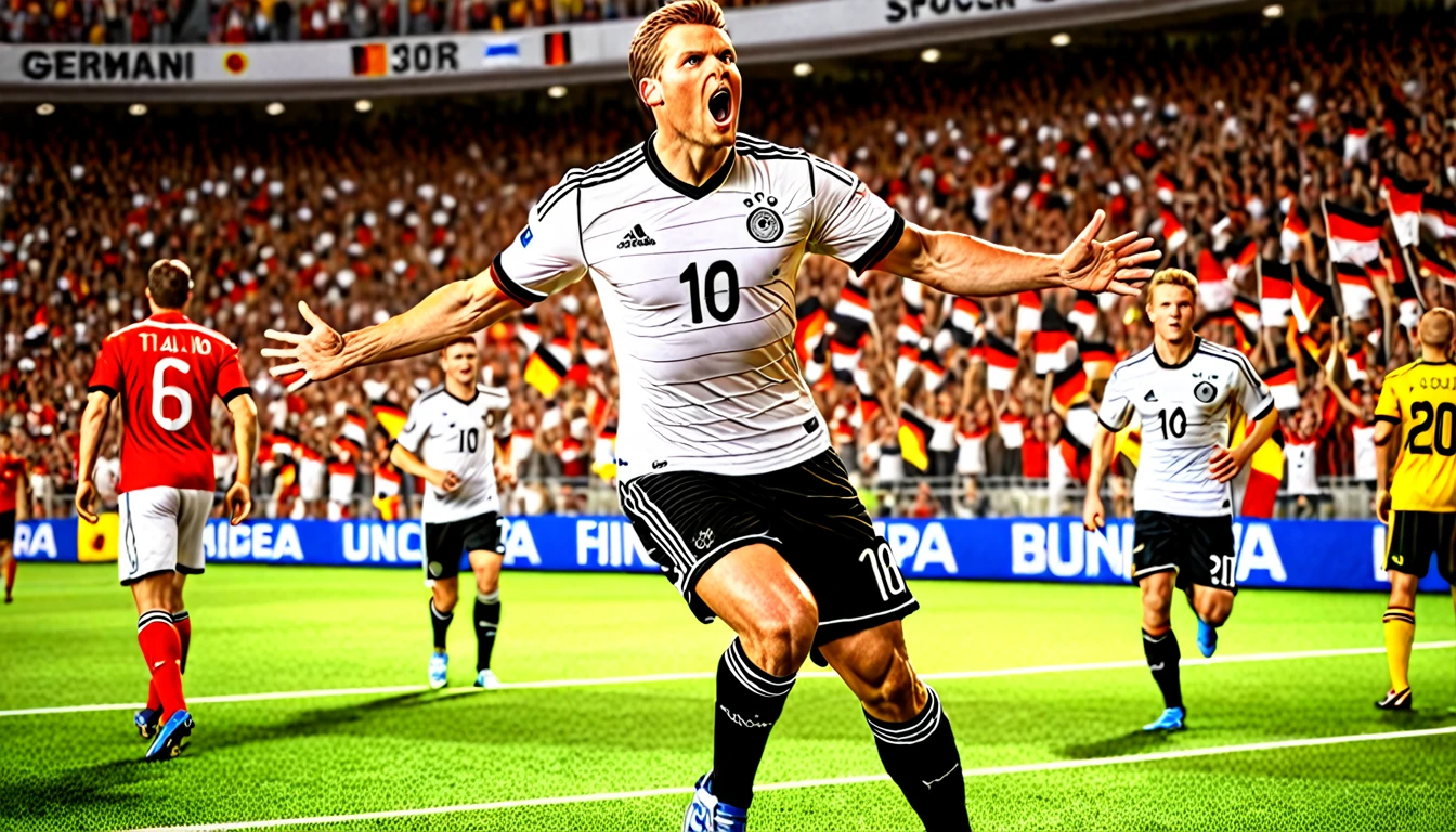 high quality, hyperdetailed, 3d, dynamic, dramatic lighting, highly detailed, photorealistic, 1 german male soccer team, soccer players, athletes, football, soccer, team, sports, sports uniforms, soccer jerseys, cleats, soccer ball, soccer field, stadium, crowds, cheering fans, flags, banners, action pose, muscular figures, sweat, motion blur, depth of field, germnan flag on jersey