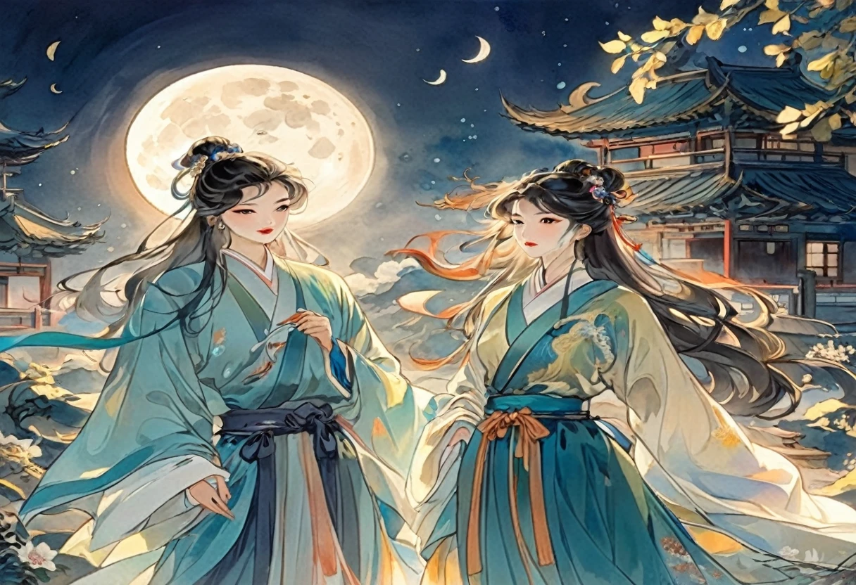 Two Asian women in traditional costumes standing in front of a full moon, Long flowing hair and robes, Be clearer。