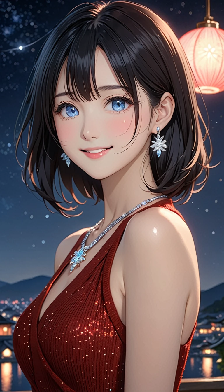 National Science Foundation,(((masterpiece))),masterpiece,High resolution,Highest quality,Highest quality,8K,art,refer,Kyoto Animation Style,Your Name movie style,Looking into the camera,To the camera,night,midnight,Soft and pale light,meteor,(1 female: 1.3),(alone: 1.4),(((Black Hair))),Long Bob,Medium Hair,美しいBlack Hair,Shiny hair,Sparkly Red Evening Dress,Red clothing,Elegant red one piece,High Neck Knit Sweater,Knit dress,ハイネックリブKnit dress,Crystal Hairpin,silver crystal necklace,silver crystal earrings,Long eyelashes,Thin legs,Feminine gesture pose,Sexy pose,近い of upper body,Close-up,close,nightの星空,Eyes as deep as the starry sky,Pale blue eyes,Blushed,shy,Smiling embarrassedly,Smile with your mouth slightly open,