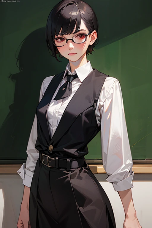(masterpiece, Highest quality: 1.2), night(Chainsaw Man),(Highly detailed face, The real picture, Realistic Skin, Realistic body, Intricate details), Red eyes (Intimidating look), A slight blush, Social attire, Half-open button-up shirt (white), whiteいブラジャー, skirt (black), black belt with buckle, short hair, Glasses, Small breasts, close, Big thighs, classroom, blackboard.