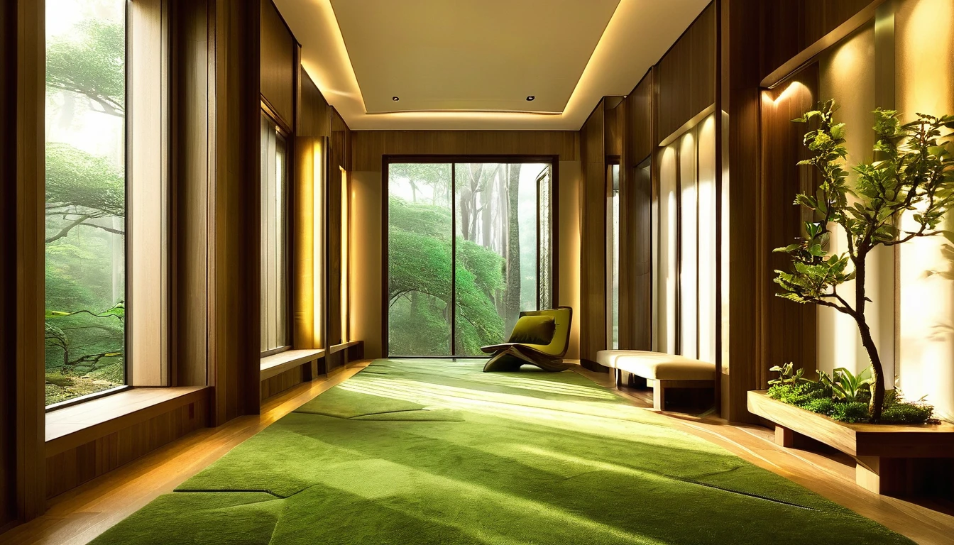 Fantasy house hallway、Simple lighting is installed on the ceiling。Forest-inspired furniture and decorations、There is a beautiful carpet on the floor.、Soft light illuminates the entire corridor。