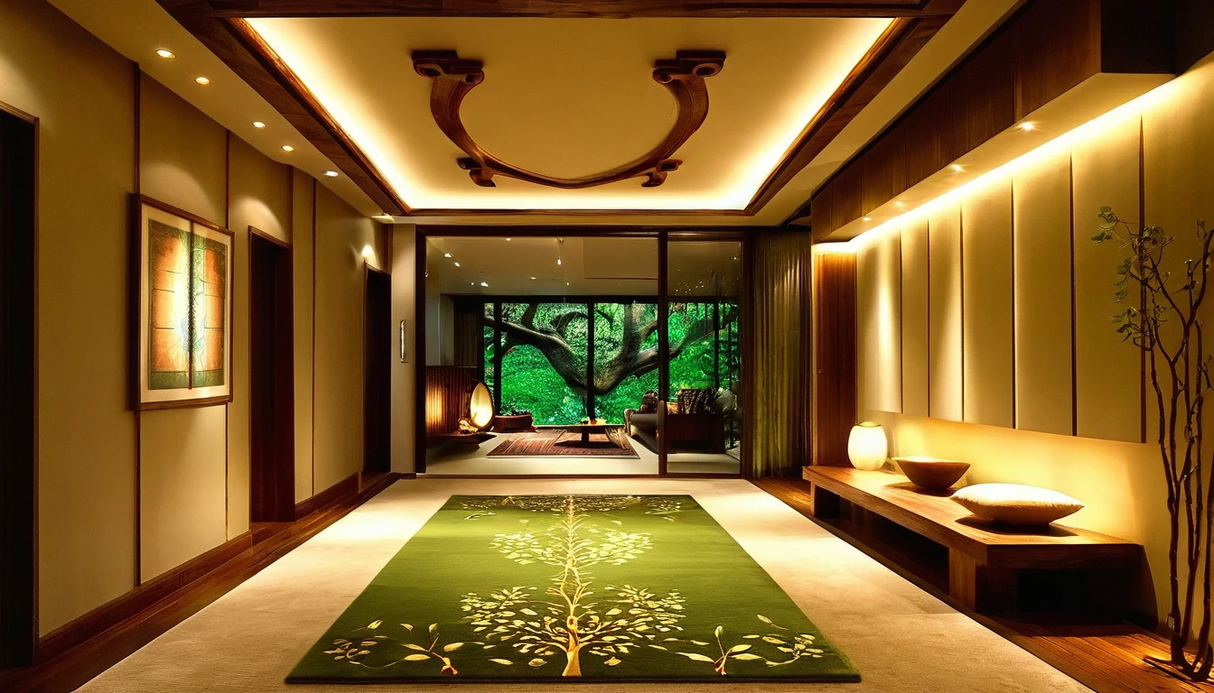 Fantasy house hallway、Simple lighting is installed on the ceiling。Forest-inspired furniture and decorations、There is a beautiful carpet on the floor.、Soft light illuminates the entire corridor。