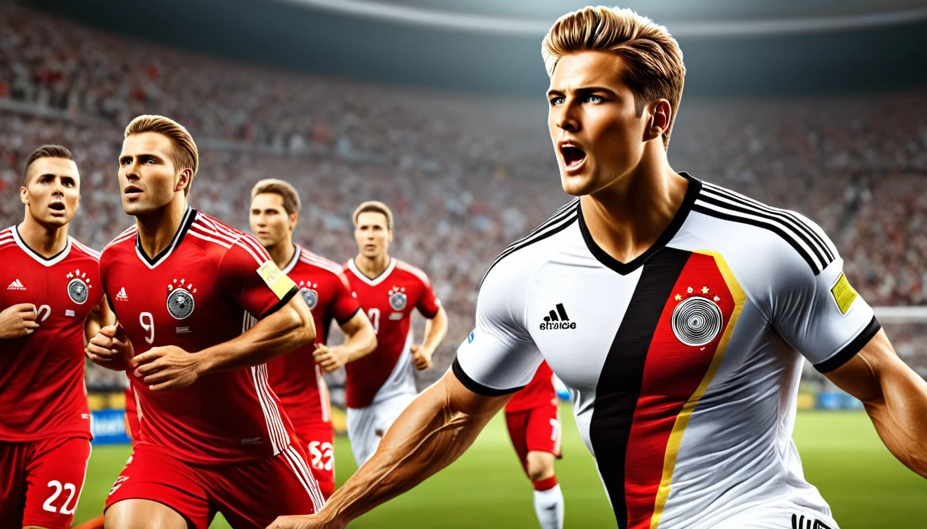 high quality, hyperdetailed, 3d, dynamic, dramatic lighting, highly detailed, photorealistic, 1 german male soccer team, soccer players, athletes, football, soccer, team, sports, sports uniforms, soccer jerseys, cleats, soccer ball, soccer field, stadium, crowds, cheering fans, flags, banners, action pose, muscular figures, sweat, motion blur, depth of field, germnan flag on jersey