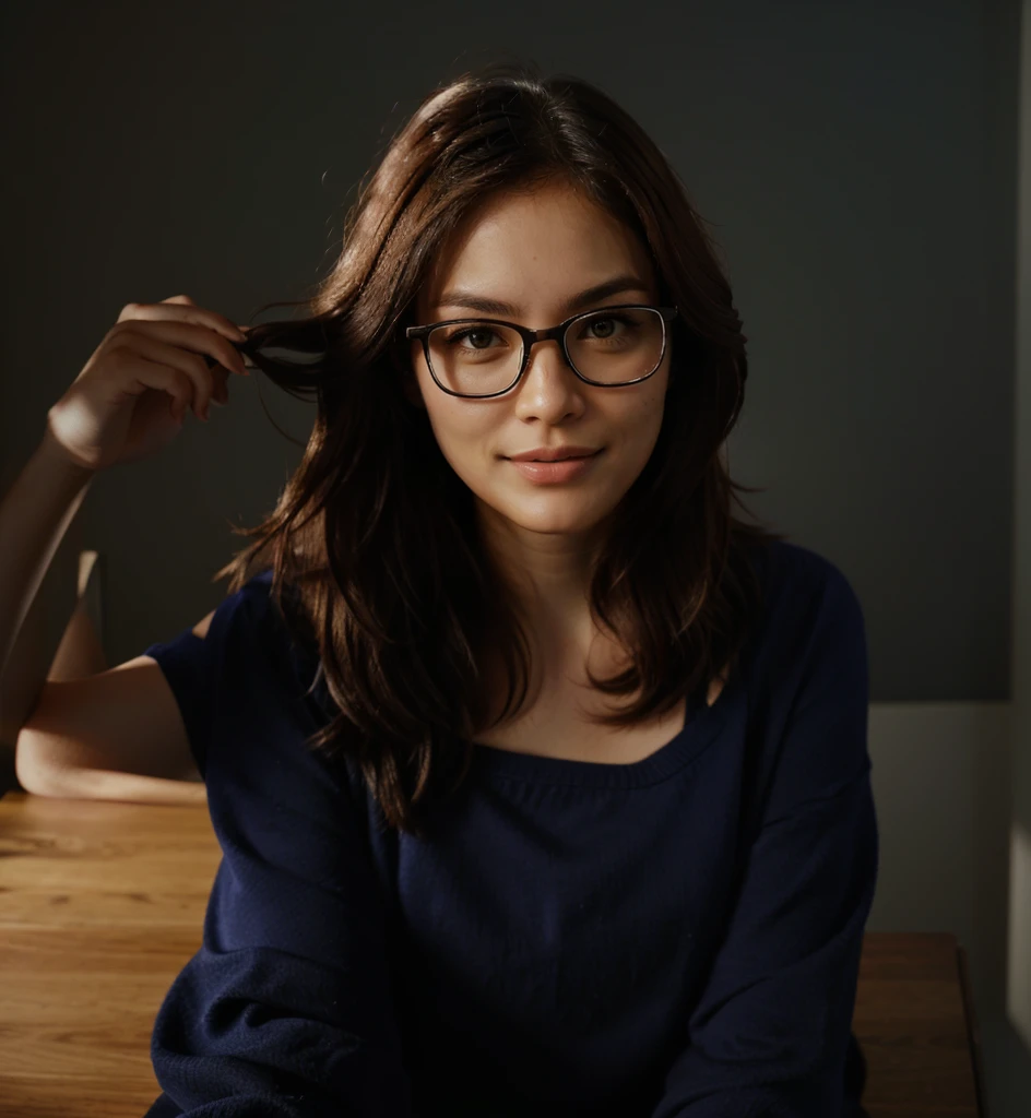 (best qualityer,realisitic), with medium length, disheveled hair in front, sitting at her work desk,artistic illustration,homemade background, creative,focus on facial details,happy expression,fine lines on the face,Various colors in glasses,Desk crammed with art supplies and papers,Artistic atmosphere,swirly vibrant colors,lively brushstrokes,lighting