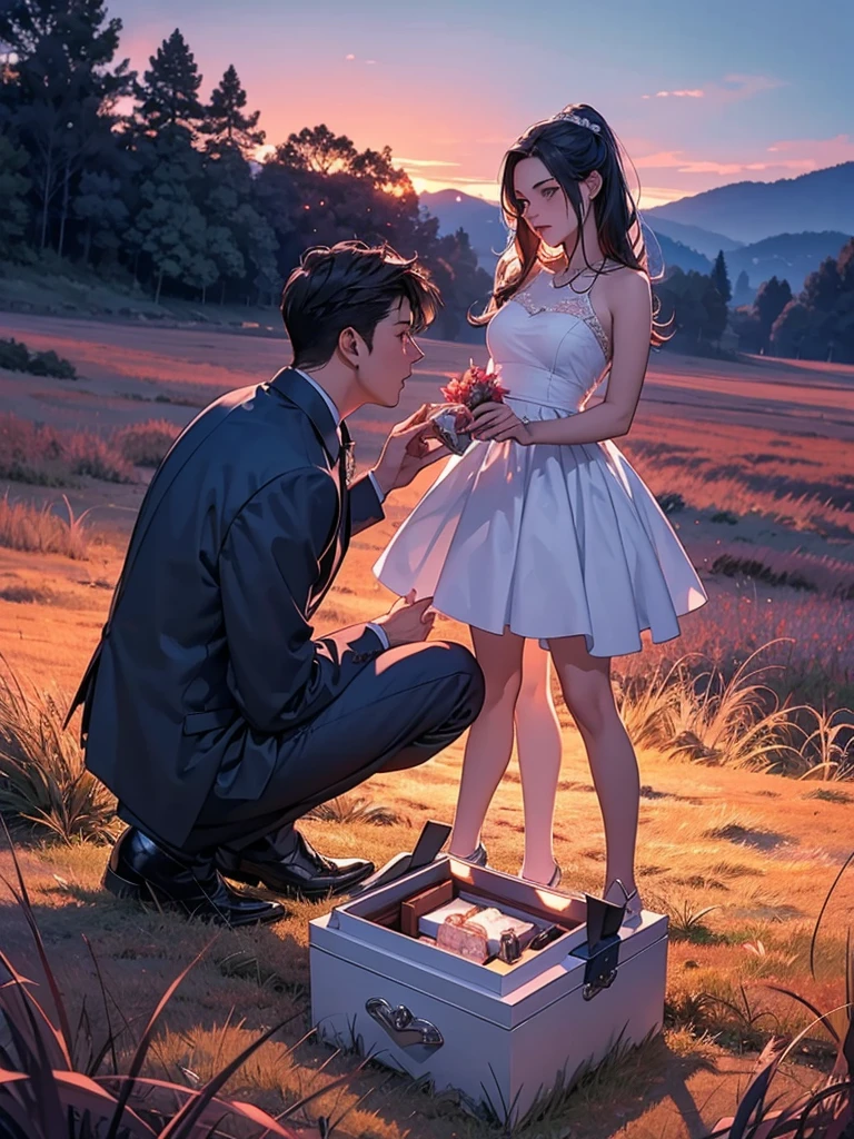 A man proposes to his girlfriend, the, The man gives the woman a ring in a ring box, the woman is surprised, romantic atmosphere, in the grass field, the color of the twilight sky, reddish blue sky, fantasy, romantic