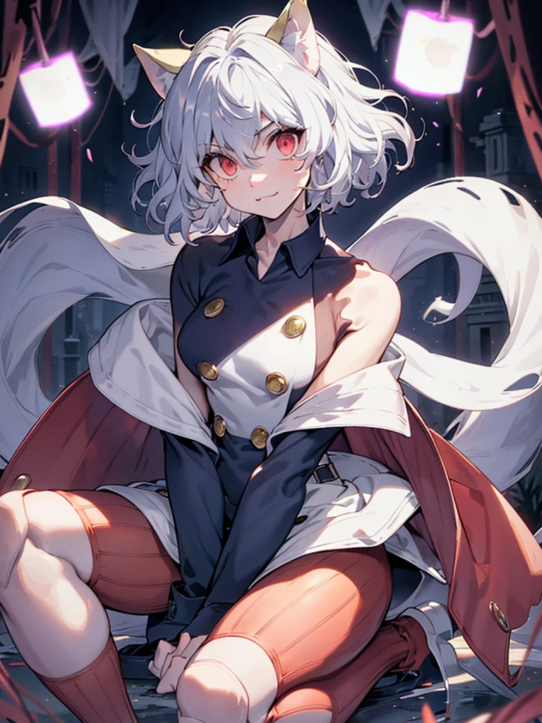 silver hair, short and curly hair, cat ears, red eyes, large pupils, double eyelids, slender eyebrows, long eyelashes, small nose, small mouth, sharp jawline, blue military-style coat, six gold buttons, short red striped skirt, high collar, long sleeves, slender wrists, flexible fingers, white skin, cat-like claws, red striped knee-high socks, blue shoes, sturdy soles, slender ankles, small feet, long legs, muscular thighs, thin waist, wide shoulders, cat-like gaze, long neck, straight shoulder line, straight back, muscular arms, long fingers, firm upper arms, soft hands, small palms, cat-like smile, serious furrowed brows, pointed ears, pink inside of ears, thin eyelids, upward curled eyelashes, vertical slit pupils, cat whisker-like cheek markings, many lower eyelashes, small nostrils, thin lips, pointed chin, protruding collarbones, straight posture, high hips, muscular thighs, pointed knees, well-fitted socks, neatly tied shoelaces, soft cat ears, rounded ear tips, soft fluffy hair, thin eyebrows, light pink lips, white teeth, well-shaped lips, smooth skin, sensitive ears, reflective pupils, heavy eyelids, slightly curved cat ears, well-fitted coat, wide skirt hem, shining buttons, slightly old shoes, hair waving in wind, sparkling pupils, moving cat ears, nighttime forest background, moonlight, starry night sky, G-cup chest, cocky cat-like expression, thick glossy thighs and hips, detailed texture of hair and clothing, light and shadow contrast, background details including swaying grass and old building, specific lighting conditions with moonlight casting shadows, detailed coloration of outfit with deep blue and red stripes, intricate design of buttons, and emotional depth in expressions showing defiance, joy, and determination.