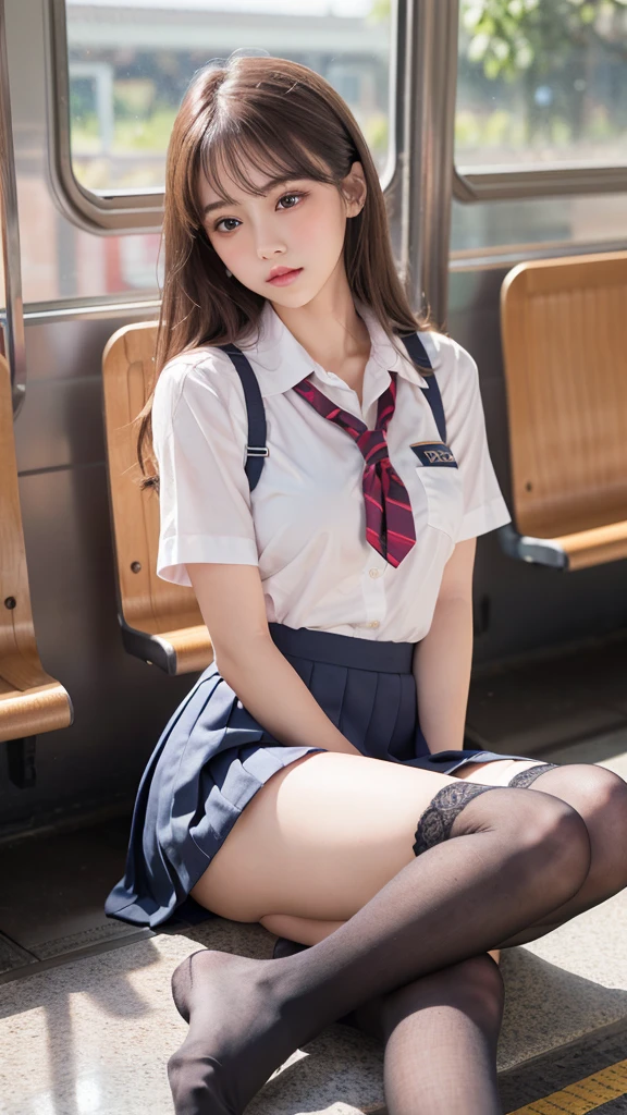(Showing off panties:1.2), (Professional portrait, Realistic and perfectly shaped subjects:1.3), (masterpiece, highest quality:1.2), (Realistic, Ultra-realistic, Realistic:1.3), (ultra High resolution), High resolution, Intricate details, Super detailed, (Highly detailed CG, unity 8k wallpaper:1.3), Clear image,
break
(1 Japanese girl, ), (cute, Slender figure), (Perfect Anatomy, Correct limbs:1.2), (Perfect hands), Perfect Arms, Beautiful and delicate face down to the last detail, Beautiful and delicate eye and eye highlights, (Very thin and delicate、not too long lashes), (Captivating eyes, Beautifully detailed eyes and face), light makeup, Pink Lip, Lip gloss, Stylish face, (Shiny skin, Realistic skin detail), Brown Hair, Plump breast,
break
((school uniform)), (High school girl), (Black socks), shirt open
break
Sitting in the train station, (Cowboy Shot), break
(((blush:1.4))), ((Embarrassing:1.4)), (((shy:1.5)))
break
from below
break