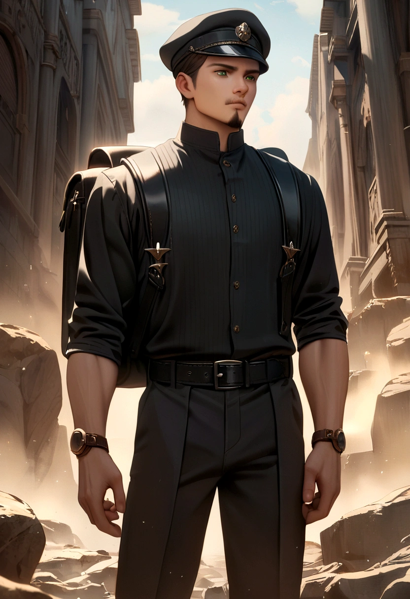 brown haired guy, goatee, dark green eyes, black hat, black clothes with white trim, black backpack, brown watch, black belt