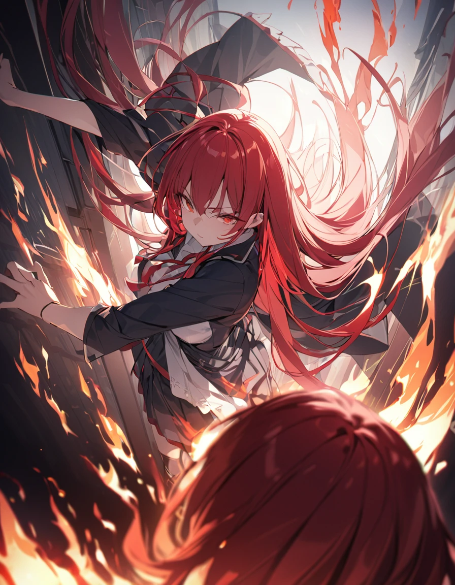 masterpiece　Detailed description　A woman with very long red hair　Very intense flames all over　Spell　