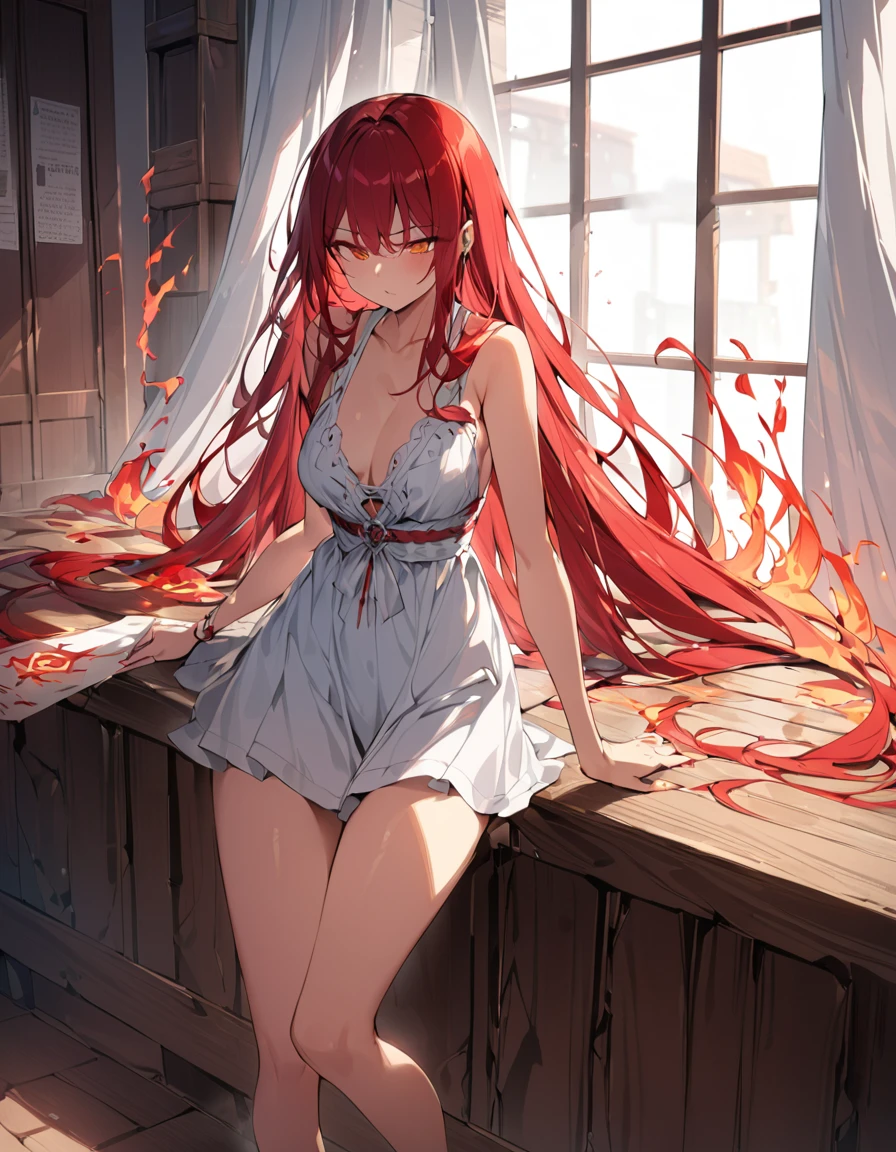 masterpiece Detailed description A woman with very long red hair Very intense flames all over Spell