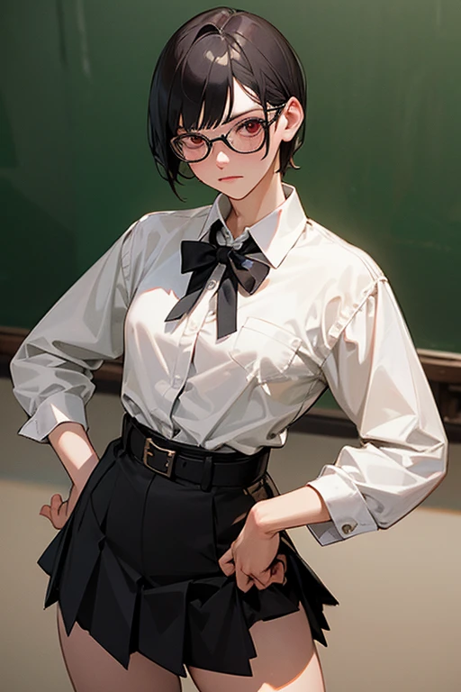 (masterpiece, Highest quality: 1.2), night(Chainsaw Man),(Highly detailed face, The real picture, Realistic Skin, Realistic body, Intricate details), Red eyes (Intimidating look), A slight blush, Social attire, Half-open button-up shirt (white), whiteいブラジャー, skirt (black), black belt with buckle, short hair, Glasses, Small breasts, close, Big thighs, classroom, blackboard.