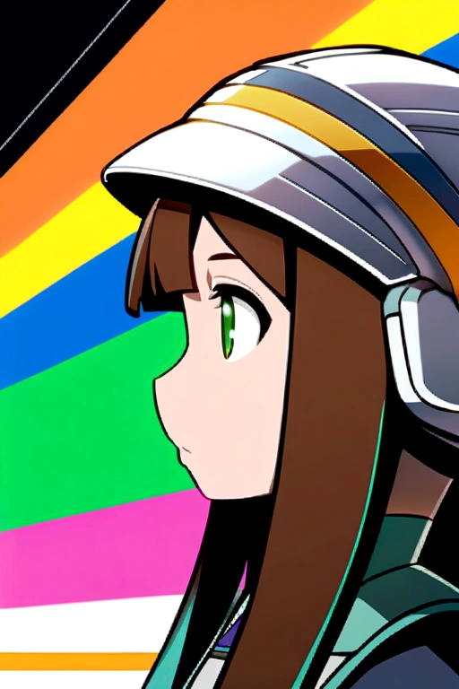 Animated cartoon character of a young female architect with brown hair and green eyes wearing white helmet