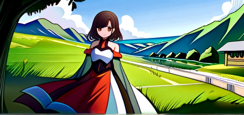 score_9, score_8_above, score_7_above, fountain_cheered up,
asunayuuki, Asuna Yuuki, wide, Brown hair, Brown eyes,
Skirt, Thighs, bare shoulders, separate sleeves, armor, white Thighs, breastplate, red Skirt,
outdoor, landscape, They are over, SMILE,
looking at the viewer, cowboy shot, Alone, dutch angle,