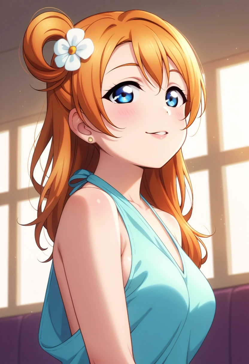 Honoka kousaka love live, blue eyes, orange hair,hair flower, solo, Fashion ,sideboobs, boobgasm, bshoulders, perfect eyes, Perfect iris,Perfect skin,Soft front light,Casual,indoors;(pastel colour:1.2), halter neck,thin straps