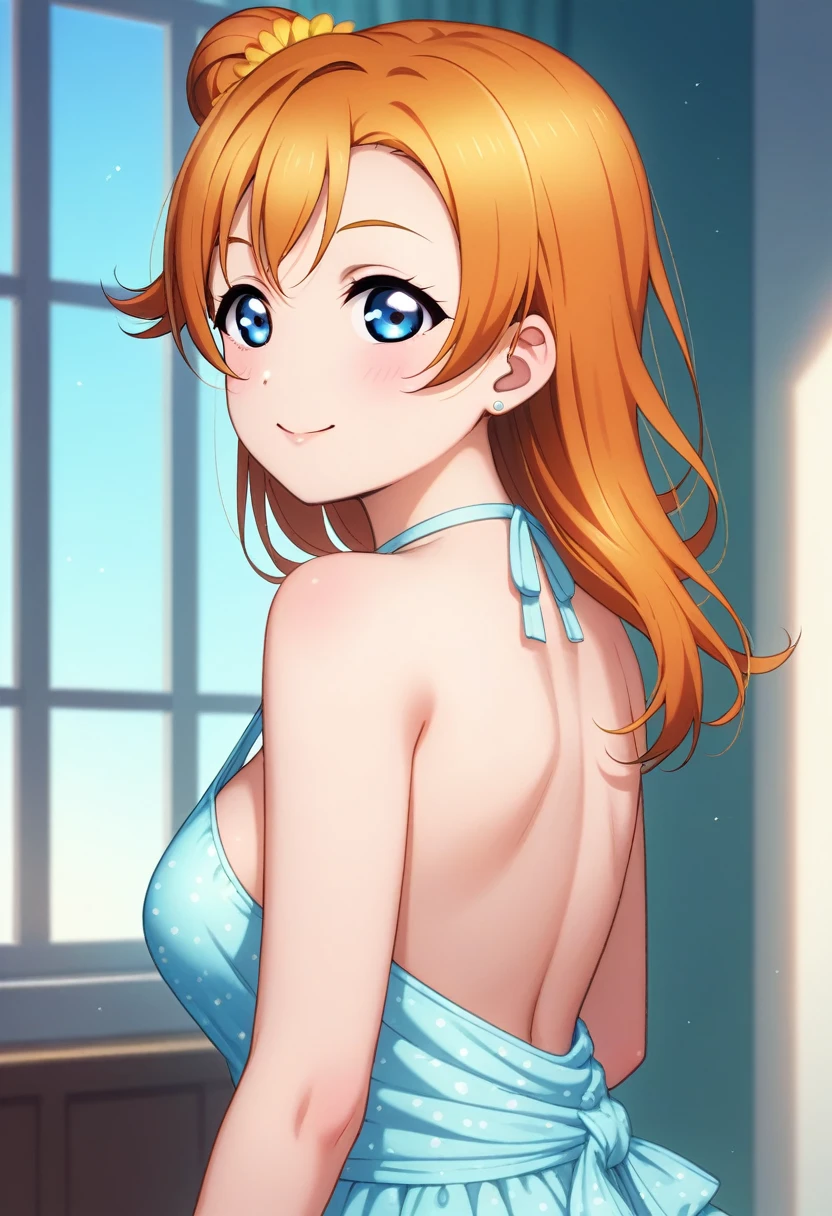 Honoka kousaka love live, blue eyes, orange hair,hair flower, solo, Fashion ,sideboobs, boobgasm, bshoulders, perfect eyes, Perfect iris,Perfect skin,Soft front light,Casual,indoors;(pastel colour:1.2), halter neck,thin straps