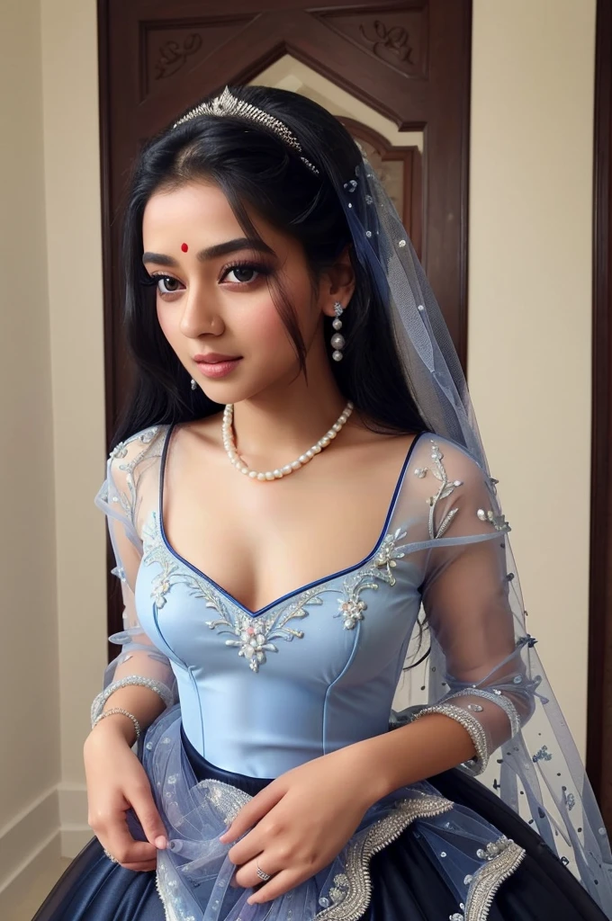 create a most beautiful girl image 18 years age. Wearing Embroidered Layered Tulle Gown. also wearing white pearl necklace. there is black bindi on forehead. preety good blue eyes, long black hair. she is standing and blushing.