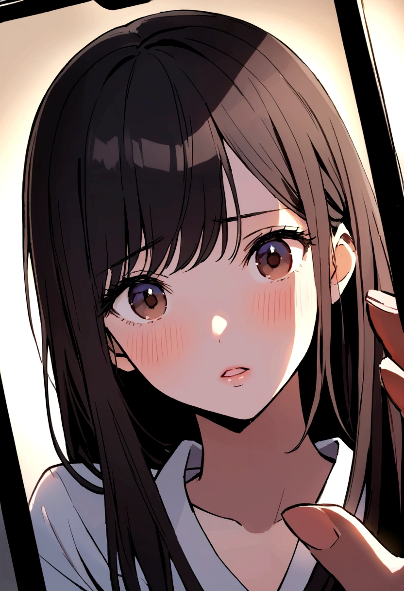 A close-up of a smartphone held by a young man. full-length (e.g. portrait)On the screen is a pretty young woman with long dark hair looking directly into the camera with a desperate expression on her face. She appears to be in another location, perhaps in a dimly lit room. Her lips are slightly parted, as if she is saying "help". The background of the scene should suggest the environment she is in and blur the ominous elements. Make the edges of the smartphone clearly visible to emphasize that she is on the screen.