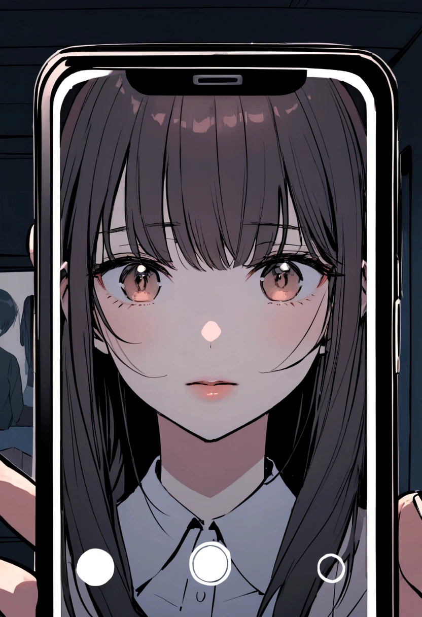 A close-up of a smartphone held by a young man. full-length (e.g. portrait)On the screen is a pretty young woman with long dark hair looking directly into the camera with a desperate expression on her face. She appears to be in another location, perhaps in a dimly lit room. Her lips are slightly parted, as if she is saying "help". The background of the scene should suggest the environment she is in and blur the ominous elements. Make the edges of the smartphone clearly visible to emphasize that she is on the screen.