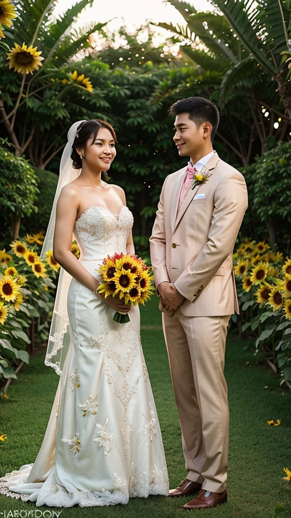 Realistic of filipino couple wedding and wearing a wedding ,hijab costume the background is garden and many sunflower and pink roses.