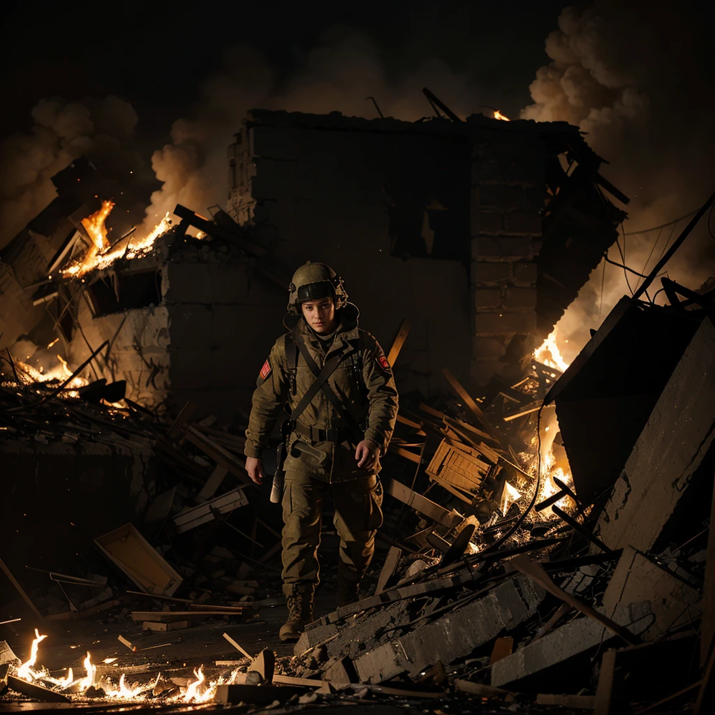 A Russian soldier emerges from the burning rubble