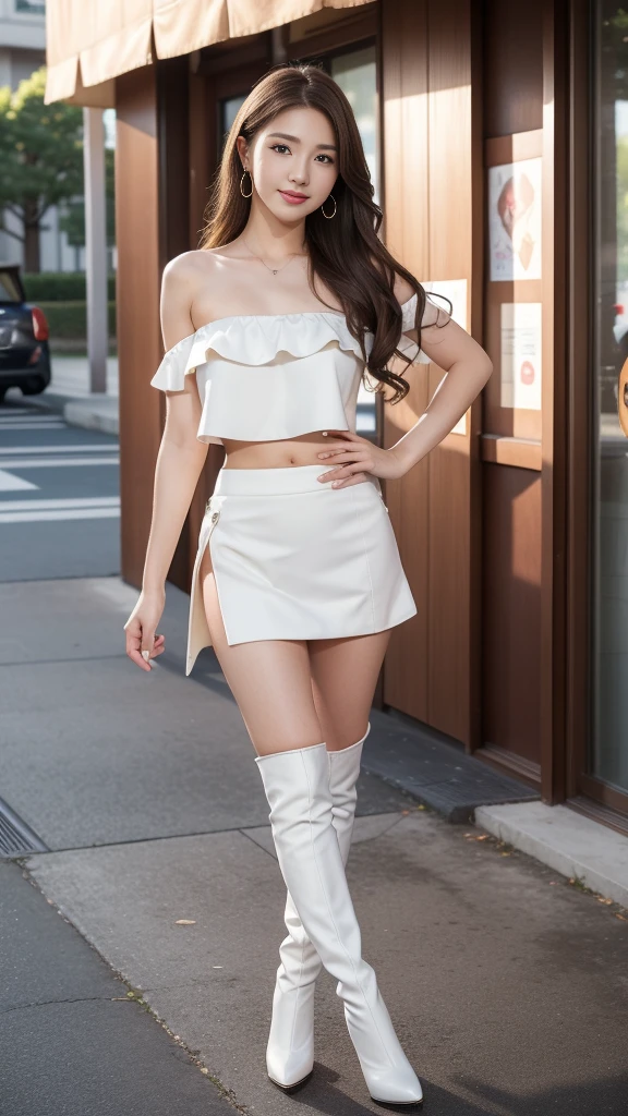 (Brown layered wavy hair),Heavy makeup、(18 year old,Japanese):1.2、8K, Seductive smile,tall:1.4、a small face、Nikon Z 85mm, ((Best Quality)) ,((masterpiece)), intricate detailes, Professional, Realistic, Photorealistic、 ((Strapless,Baretop midriff,Sexy mini skirt)):1.2、(Walking in the park):1.2, large earring、(White Stretch knee boots with high stiletto heels、Pointed toe):1.2、Full body shot