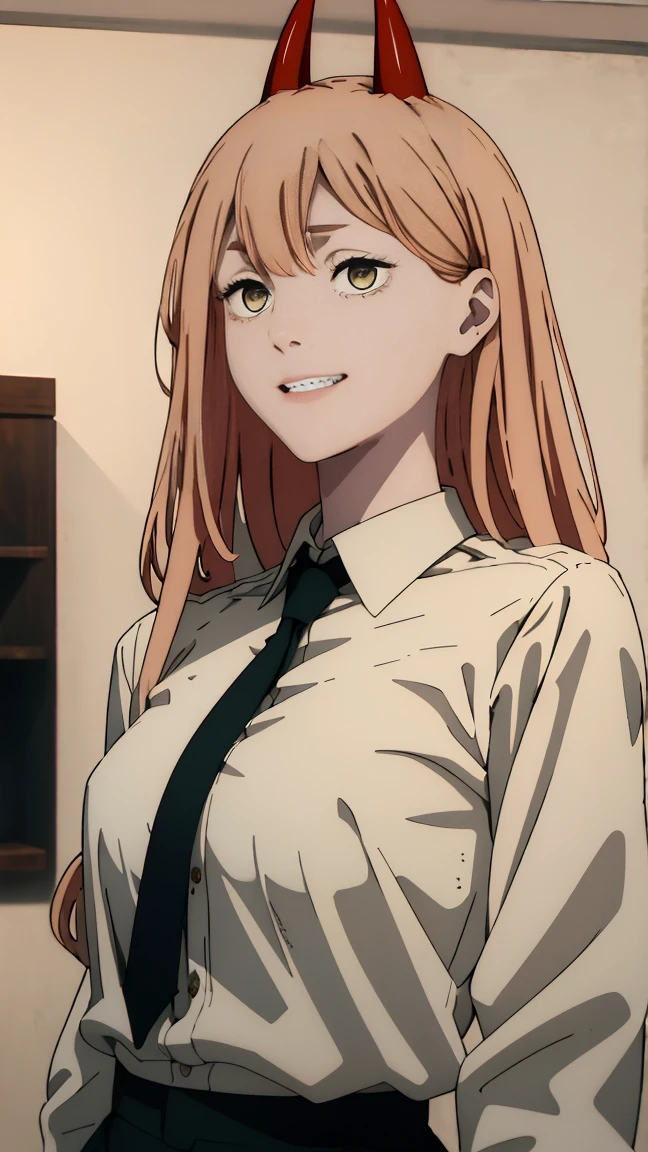 (Best quality), (masterpiece), (only), 1 girl, Maybe_XM, peach hair, full length (full body 1.1), yellow eyes, cross-shaped pupils, pupils in the form of symbols, red horns, white button up shirt, black tie, sharp teeth, smile, long hair, whole body