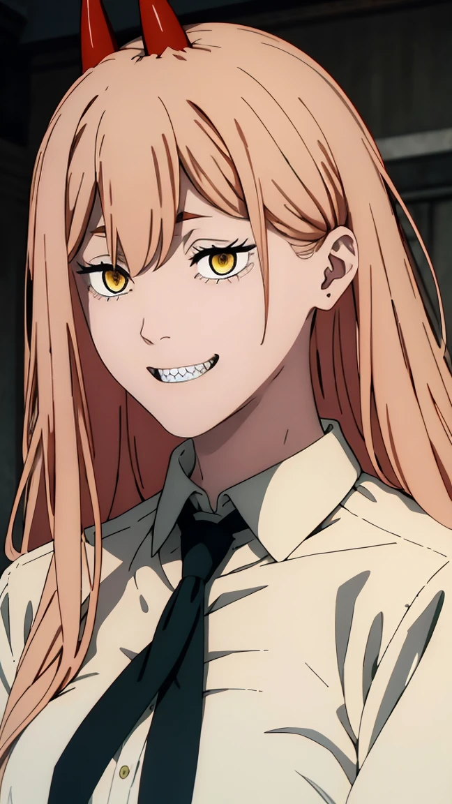 (Best quality), (masterpiece), (only), 1 girl, Maybe_XM, peach hair, full length (full body 1.1), yellow eyes, cross-shaped pupils, pupils in the form of symbols, red horns, white button up shirt, black tie, sharp teeth, smile, long hair, whole body