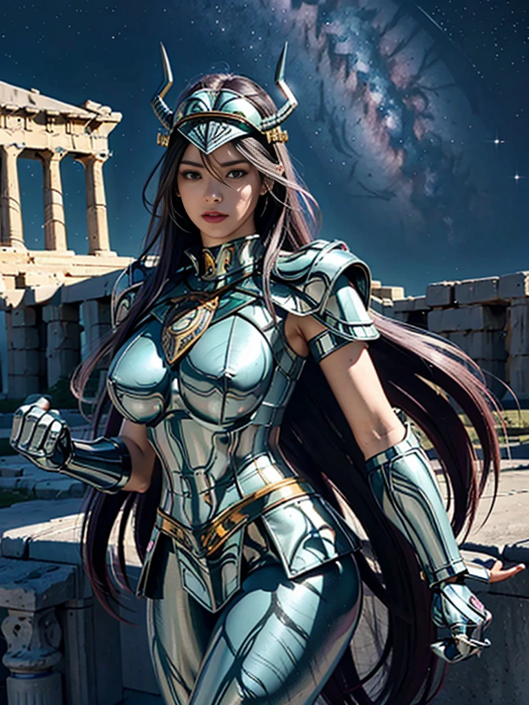 masterpiece, best quality, ultra high res, realistic skin texture, armature, (photorealistic:1.4), high resolution, raw photo, shiny skin, realistic skin texture, best lighting, sparkle, dramatic lighting, dynamic pose, (greek temple background:1.3), night sky, cosmos, milky way, 1girl, (medium breast:1.1), balanced eyes, Dragon Shiryu wearing green silver armor, purple pants, purple short sleeve shirt, wearing dragon helmet, roman skirt plate, (breast plate:1.5), very long hair, shield, cleavage,