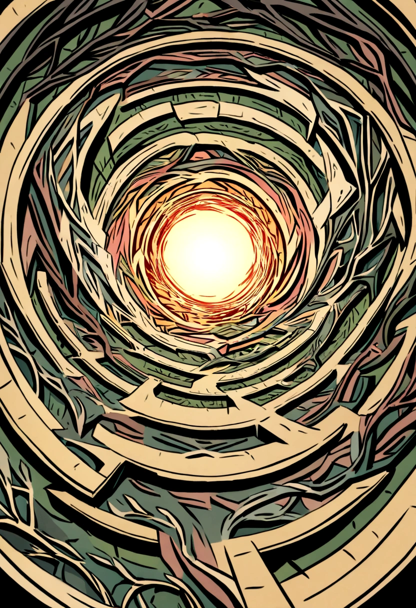 An illustration of a complex labyrinth with several branches, representing a divergent narrative. Inspired by MC Escher's art style, the maze features intricate lines and illusory perspectives. With a vibrant and contrasting color palette, the maze conveys the idea of different paths to explore. The facial expressions of the characters within the maze are one of surprise and curiosity. The lighting is bright and the atmosphere is one of discovery and challenge.--v 5 --stylize 1000