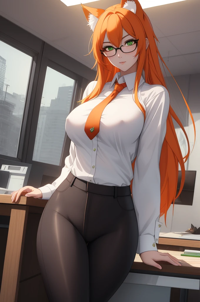 (masterpiece, Best quality), 8K, ultra detailed, realistic photo, Detailed face, perfect lighting, green eyes, bright orange hair, bright hair, fox ears, nice legs, side photo, beautiful, Cute, skin pores, 1 girl, perfect shirt, fully dressed, beautiful women 30 years old, Beautiful proportions, Russian woman, Caucasian, European, Business lady, stunningly beautiful woman, mother, thick legs, show ass, big breasts, (Thin white shirt:1.4), thick, hot, (White Office Wear:1.4), tight pants, (wide hips:1.2), thick, (white Office pants:1.3), spread your legs, Legs open, full length, wide hips, Glasses, with long orange hair, standing on the beach near the ocean, green eyes detailed digital anime art, cat ear, anime girl with long hair, гладкое аниме cg art, anime girl with long hair, digital anime art, work in Guweiz style, Beautiful anime portrait, Photorealistic render of an anime girl, pantyhose, Beautiful anime girl, advanced digital anime art, guweiz на artstation pixiv HD UHD HQ
