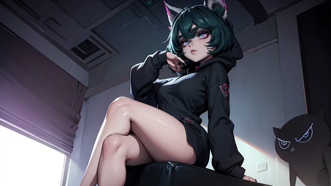 girl, large black sweatshirt, sitting posture, calm look, Sitting in front, legs open, a dark room, evil eyes, sexy pose, glowing skin, Looking ahead, facial expression