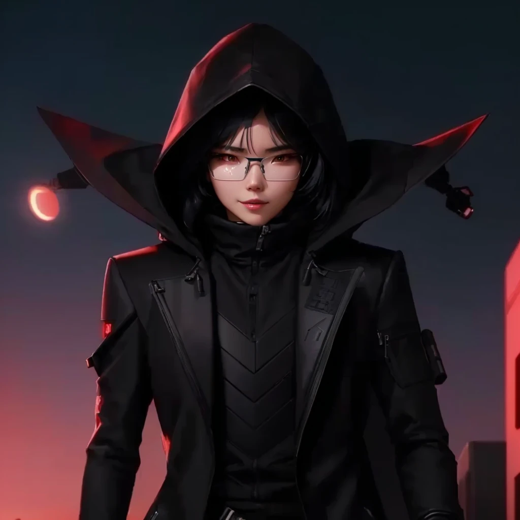 Close-up of person in black jacket and hood., Cyberpunk anime girl in a hoodie, iu lee ji-eun in the role of supervillain, Wojtek Fuss, Park Shin Hye as a supervillain, Ross Tran 8g, artgerm and atey ghailan, Frustrated teen killer, Dystopian sci-fi characters, Unreal engine character art,Myopia glasses,smile at the corner of the mouth