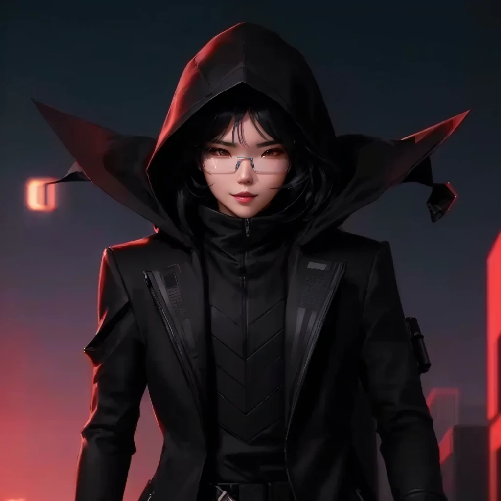 Close-up of person in black jacket and hood., Cyberpunk anime girl in a hoodie, iu lee ji-eun in the role of supervillain, Wojtek Fuss, Park Shin Hye as a supervillain, Ross Tran 8g, artgerm and atey ghailan, Frustrated teen killer, Dystopian sci-fi characters, Unreal engine character art,Myopia glasses,smile at the corner of the mouth