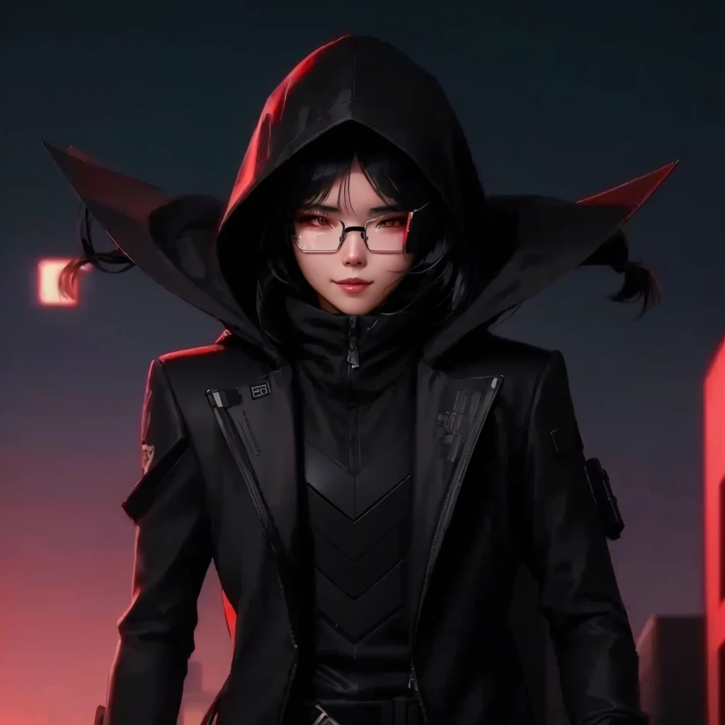 Close-up of person in black jacket and hood., Cyberpunk anime girl in a hoodie, iu lee ji-eun in the role of supervillain, Wojtek Fuss, Park Shin Hye as a supervillain, Ross Tran 8g, artgerm and atey ghailan, Frustrated teen killer, Dystopian sci-fi characters, Unreal engine character art,Myopia glasses,smile at the corner of the mouth