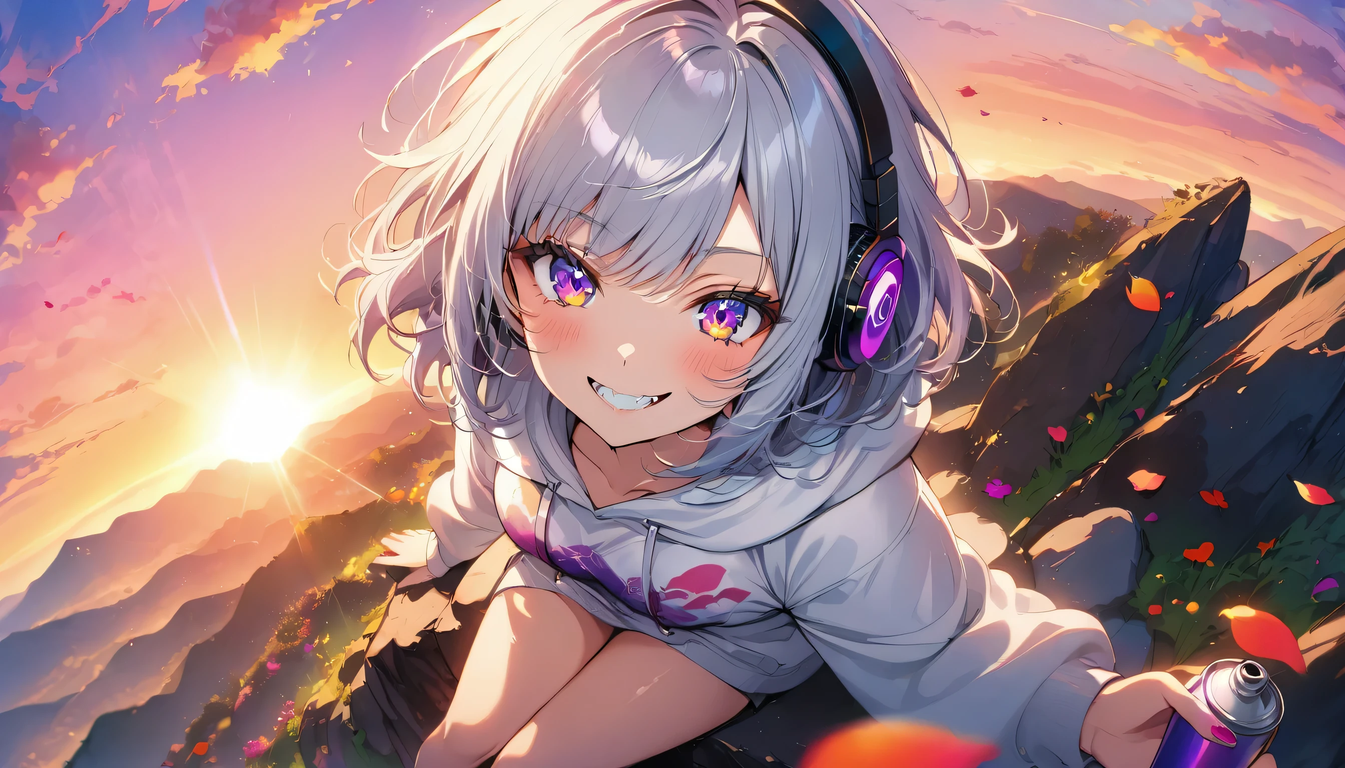 ((Masterpiece)), ((best quality)), (Anime:1.3), (super detail:1.2), (High Definition:1.3), (Professional Photography:1.3),cute young Girl, Glossy unruly hair, (loose swept bangs), (silver ash hair), medium hair, big eyes, (Eye bags:1.3), (Long eyelashes), colorful eyes, (evil smile and blush), Glossy lips, (jagged teeth), ((white hoodie with oversized)), barearms, cute, (Hold the spray can in hand), (colorful:1.3), gothic makeup, (sitting on the edge), colorful petals dance around her, beautiful sunset, Peter Benjamin Graham, a wanderer on a mountain, wearing headphones, full body, (gazing skyward:1.3),(shot from above1.3),