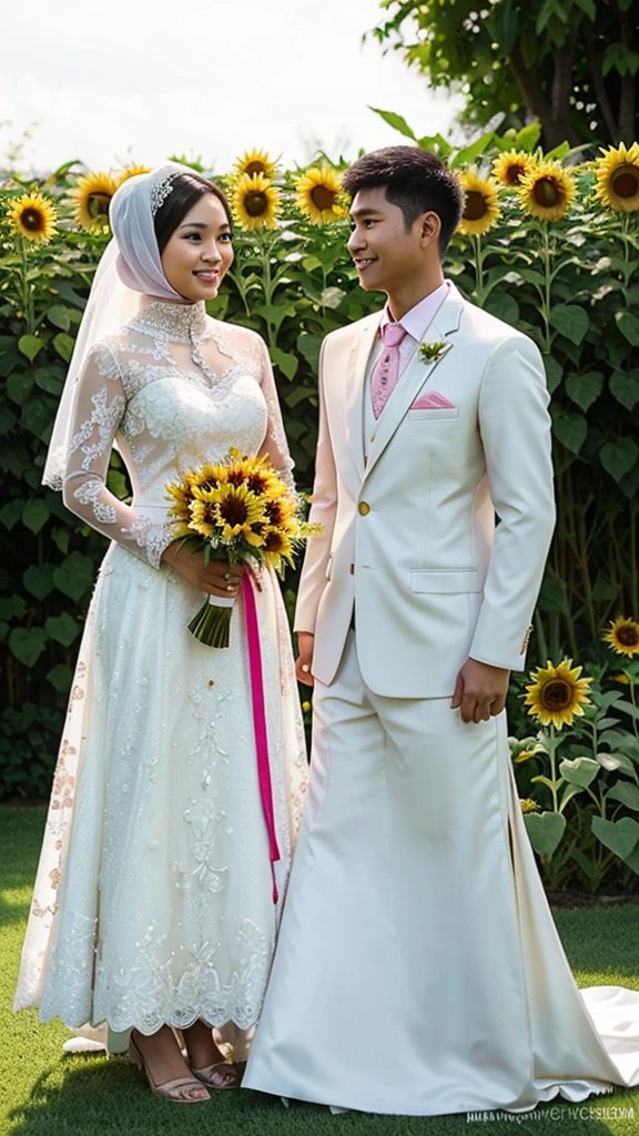 Realistic of filipino couple wedding and wearing a wedding ,hijab costume the background is garden and many sunflower and pink roses.