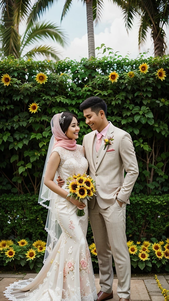 Realistic of filipino couple wedding and wearing a wedding ,hijab costume the background is garden and many sunflower and pink roses.
