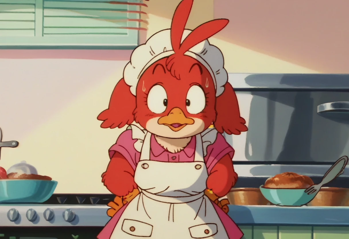 anime screencap,drgbls1, solo, anthro chicken,apron, female,score_9, score_8_up, score_7_up, score_6_up, upper body,kitchen,