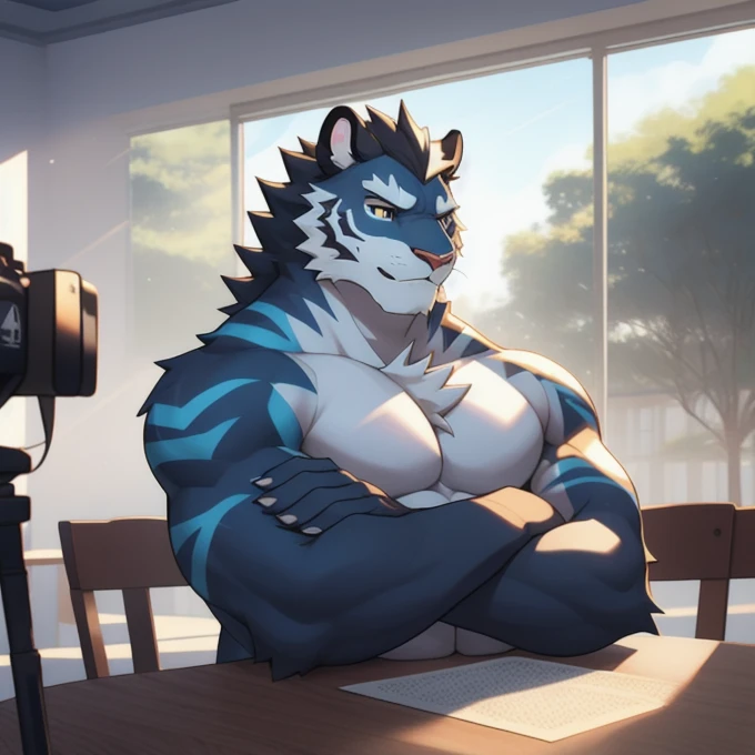 Ogre tiger, tall and athletic, sports student, sunny handsome, camera on white round table, simple background, White wall, dappled light, natural light, Interior r noepresentation, XGIMI, Delete detail, realism, representation, NIKON, c4d, 3d Max, Redshift representation, Corona representation, Behace --ar 1:2 --C 10, naked, crossed hands, shy, boss