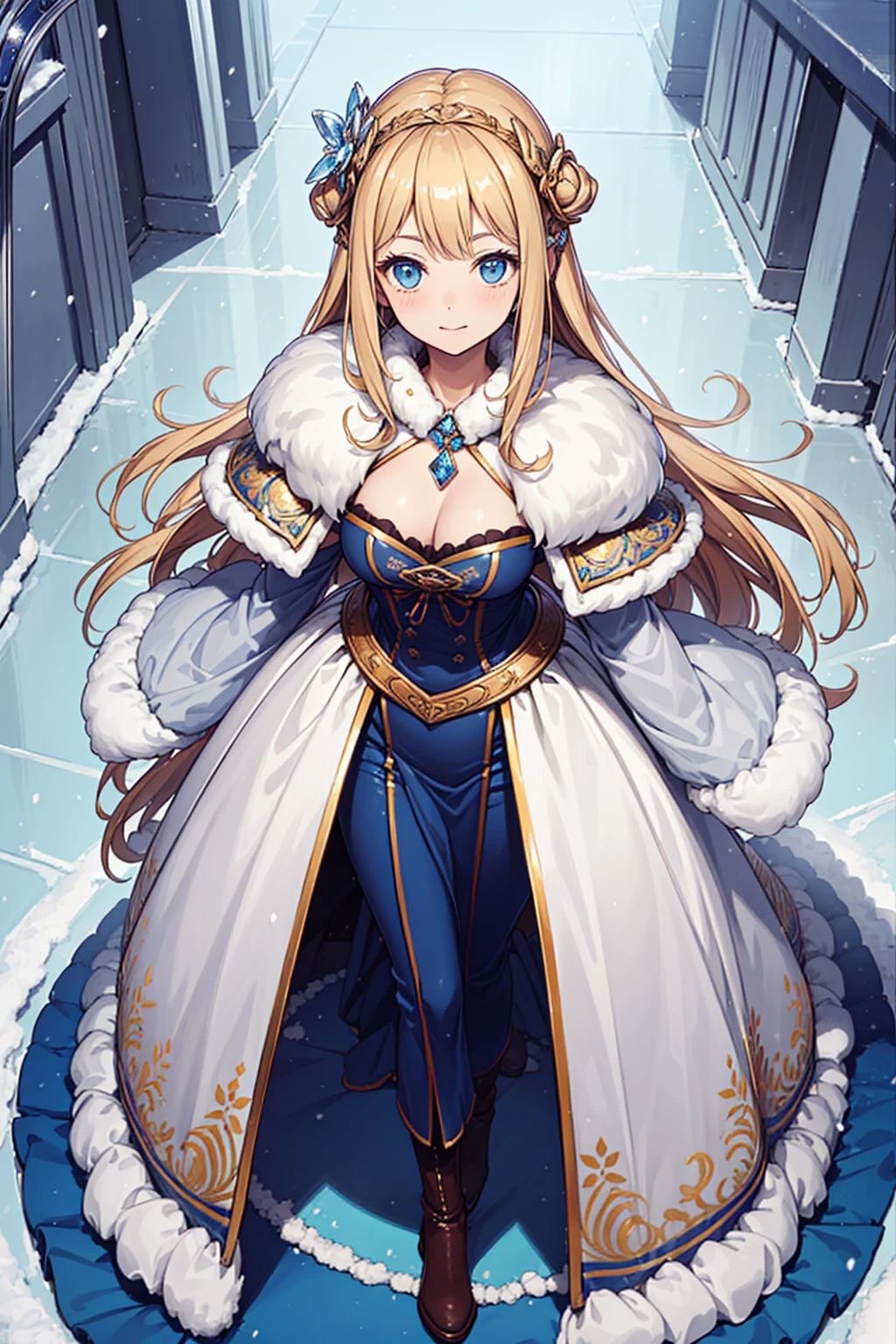 ((Top Quality)), ((Masterpiece)), (Detail), high resolution, Perfect Face, Fine Eyes, detailed eyes, (1 beautiful girl), saints, Sacred, military coat, Ruffles with fur, (cotton coat:1.2), winter long blouse, long boots, long gloves, down jacket, (winter hat:1.1), golden Sacred Patterns, blonde hair, (blunt bangs), (Many ornaments made of ice:1.1) BREAK delicate pattern, (exquisite costumes), (The background is the cold earth:1.2)