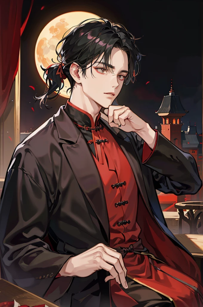 The man wore a black and red robe and had tai chi. ,Sect master ,Dark theme , Coldly handsome , Living in a palace like a eunuch