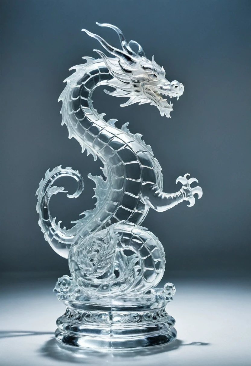 image of a clear glass Chinese dragon, É made of glass transparente, Chess piece, made of glass, completely translucent white, You can see through your transparent skin, inside a private room with white metal walls