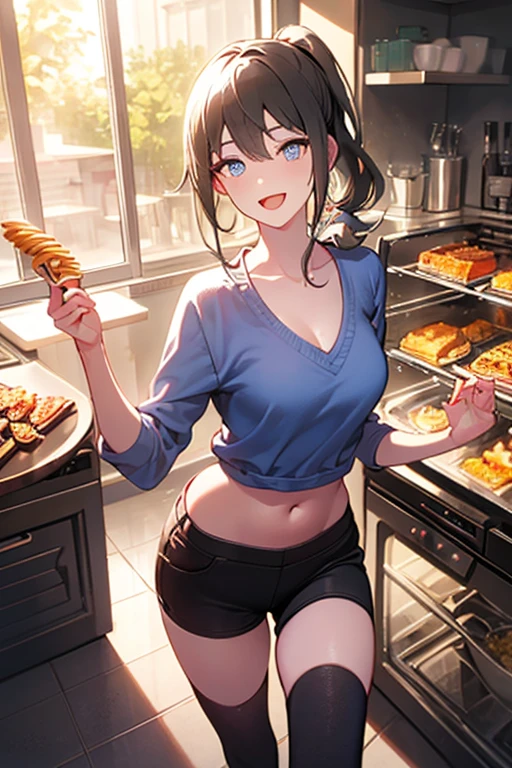 (dynamic angle:1.3, front view:1.1, breast focus:1.3, from above:1.1), (dynamic posing:1.2, sexy posing:1.2), (seductive smiling:1.3), ((holding Pasta on a plate,Taking the pasta out of the pan, worried about the outcome:1.2)),highest quality、(real、photorealistic:1.4),(ultra high resolution, 8K RAW photo, clear focus), best qualtiy, natural lighting, field depth, (Bright pupils, detailed beautiful eyes, high detailed face), Red lip, (tight focus:1.2), a girl 22yo old, Wearing a pastry chef uniform:1.3 , Thicc, thin breast, long hair, blue eyes,garter stocking, cleavage:1.2, midriff, black shorts, black thighhighs, thigh strap, pretty girl, (highly detailed beautiful face and eyes,firm breasts),real skin,((black,hair,long pony tail hair)),thin pubic hair,cute,lovely, detailed eyes,(double breasted:1.0,under bust:1.0),(with sparkling eyes and a contagious smile),open mouth, Looking at Viewer,A scene of make cooking Carbonara Pasta in the kitchen
